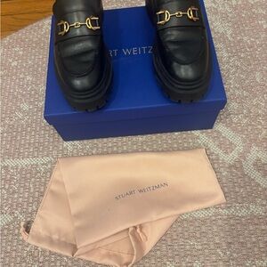Stuart Weitzman Black Loafers with Gold Buckle lugg sole
